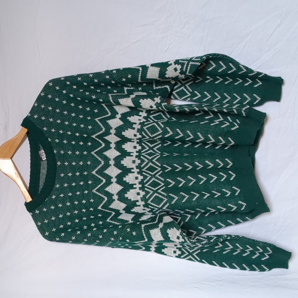 Crinku sweater crew neck pullover vintage green winter Christmas wool Large